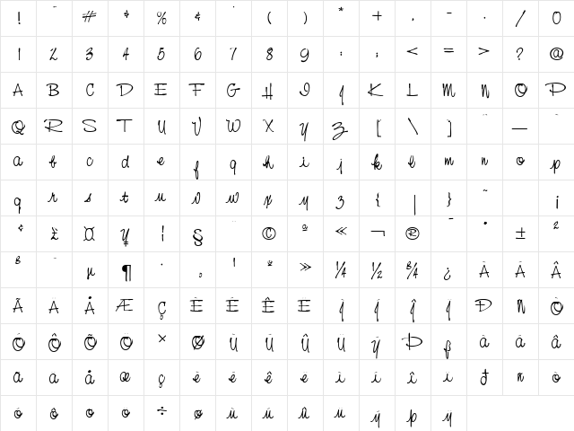 Nora Casual Regular  glyph index