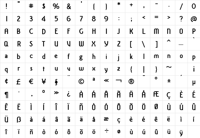 Iru1Bold Regular  glyph index