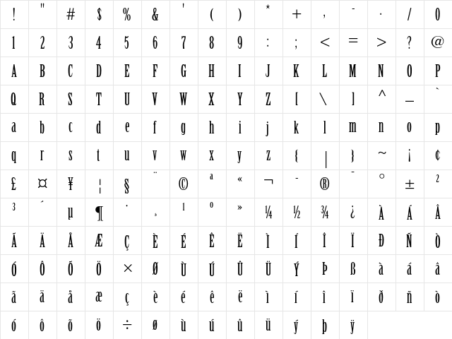 Birch Regular  glyph index