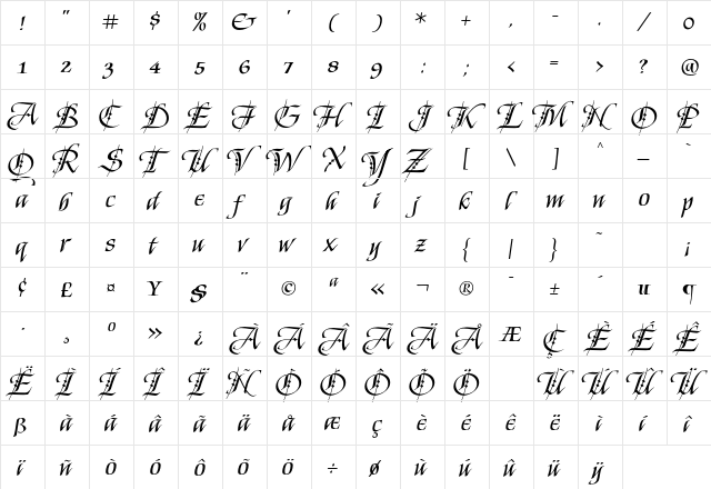KingsQuest Regular  glyph index