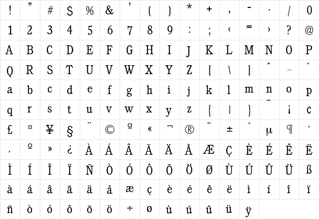 Calgary-Light Regular  glyph index