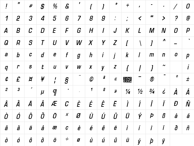 EuroseCond Italic  glyph index