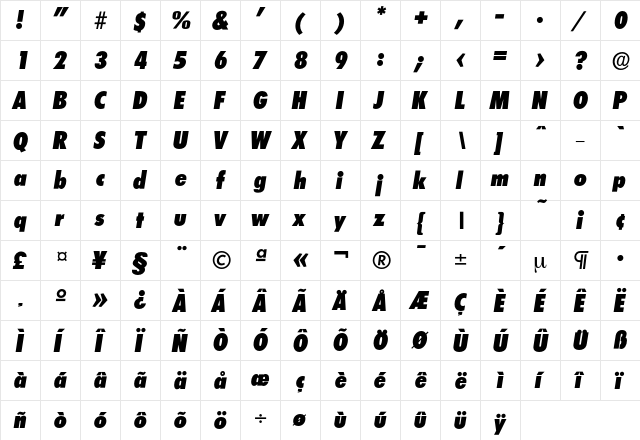 Limerick-HeavyCondIta Regular  glyph index