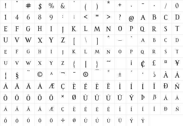 ROMANUS Regular  glyph index