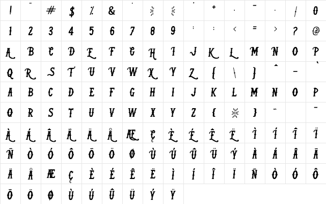 (Kind Of Rock) Regular  glyph index