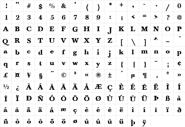 Bartholomew-Bold Regular  glyph index