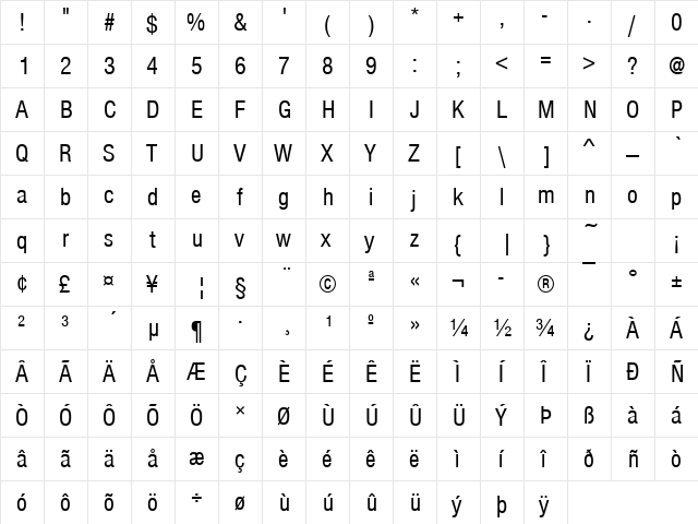 Nimbus Sans Becker TCon Regular  glyph index