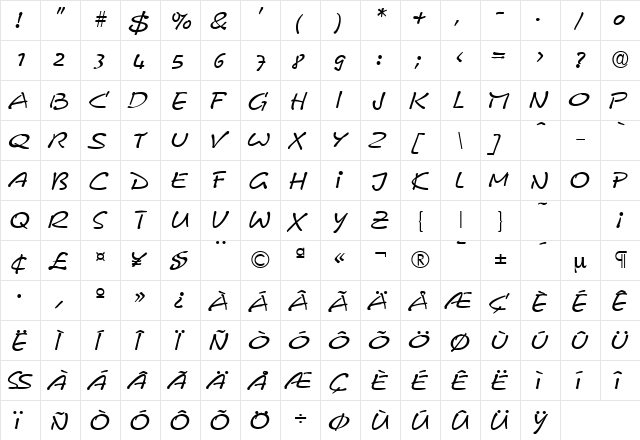 Comix DB RegularItalic  glyph index