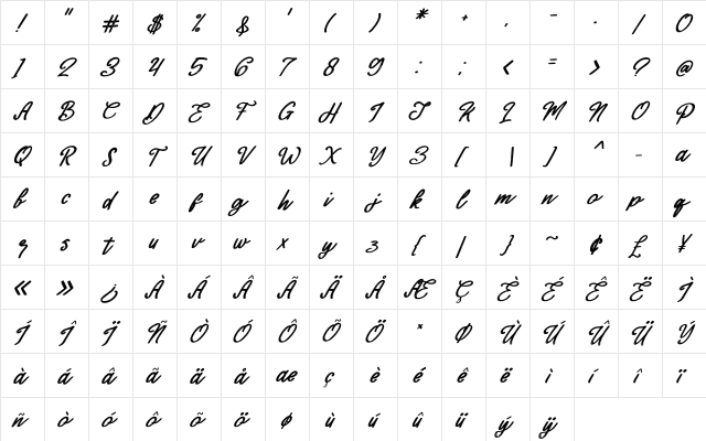 Mackline Italic Regular  glyph index