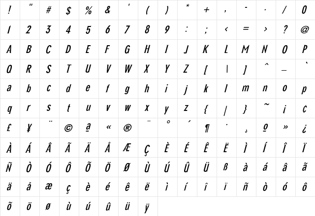 NewGlobal Italic  glyph index