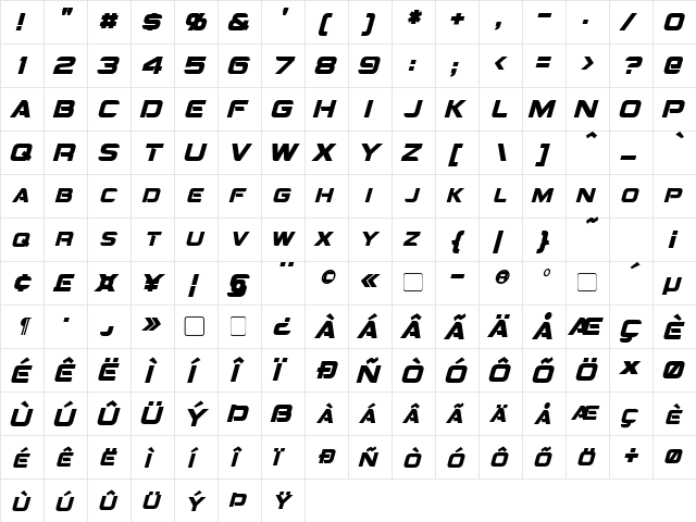 Montalban Condensed Bold Italic  glyph index