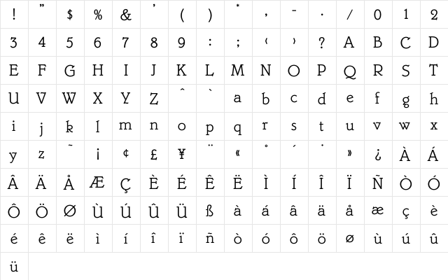 Belwe mono Regular  glyph index