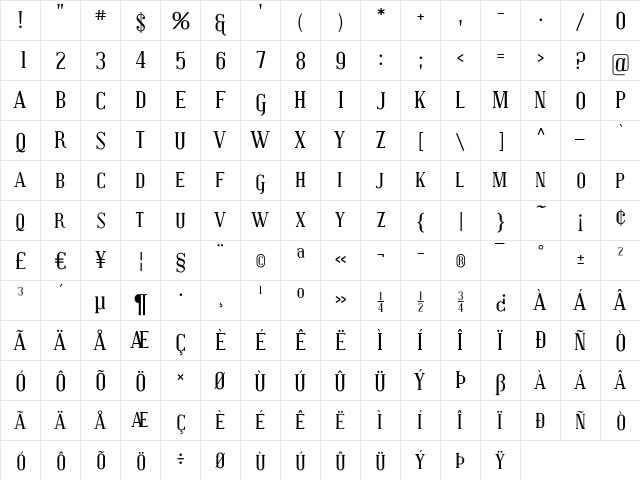 Covington SC Regular  glyph index