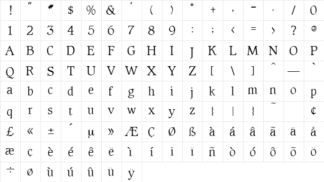 Thomas Regular  glyph index