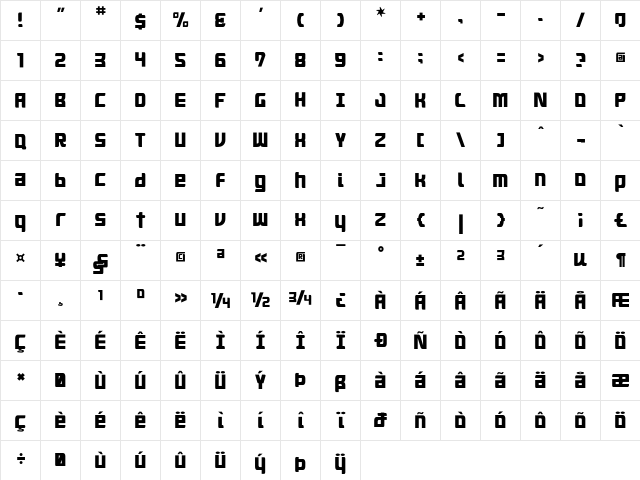 Aquasky20ALP Regular  glyph index