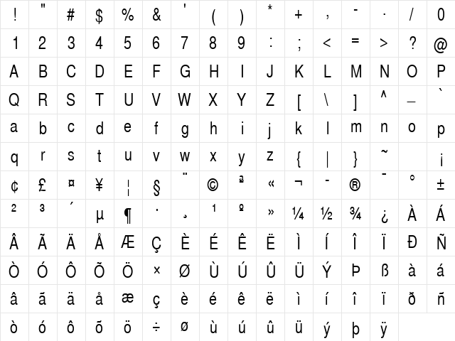 SansCond Regular  glyph index