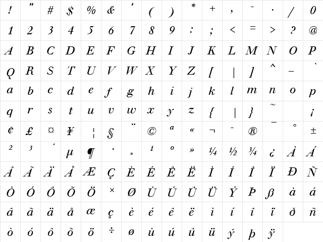 WalbaumBucT Italic  glyph index