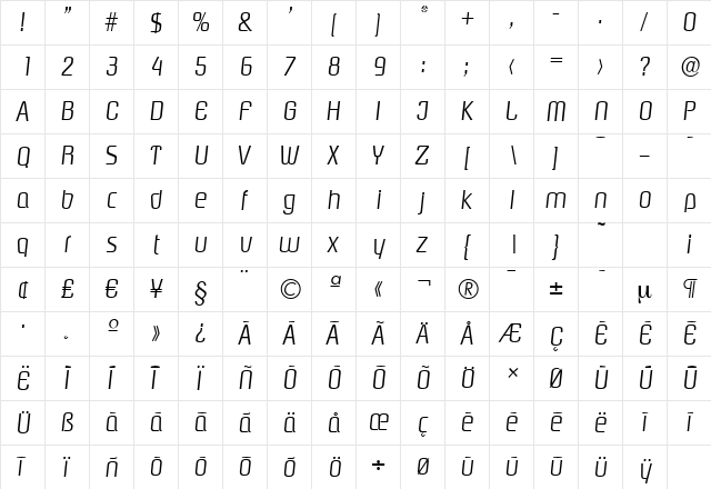 PasadenaSerial-Light Italic  glyph index