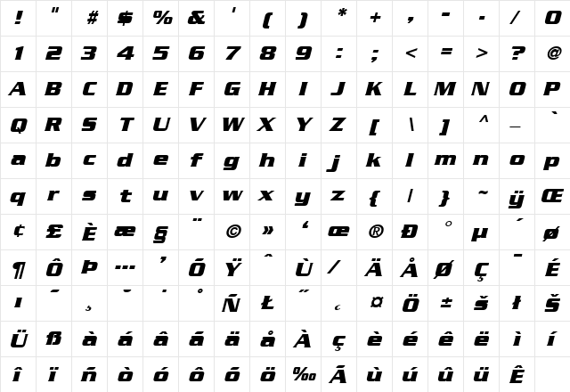 SerpentineBoldOblique Regular  glyph index