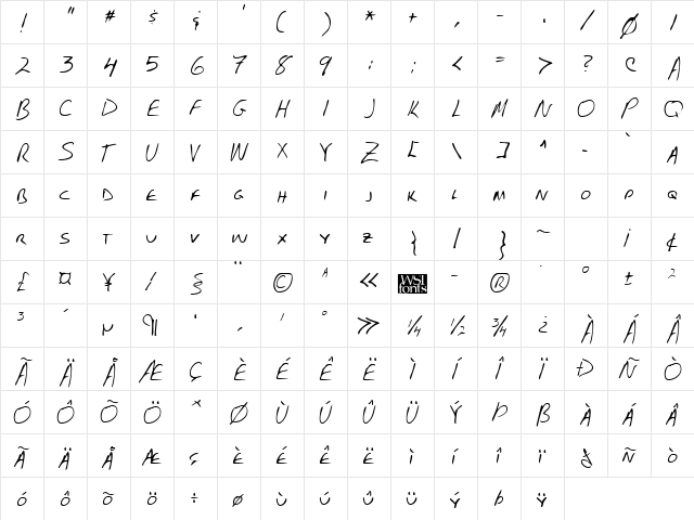 FostersHand Regular  glyph index