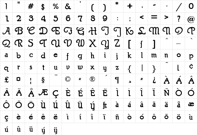 PuritanSwash Bold  glyph index