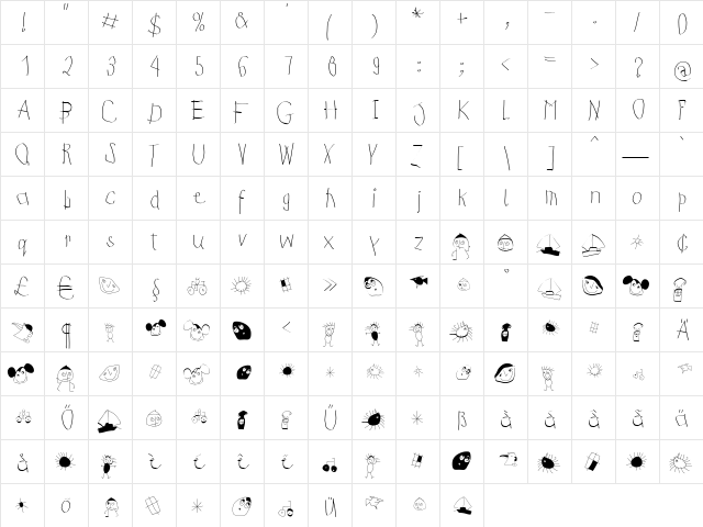 KidsFirstPrintFont Regular  glyph index