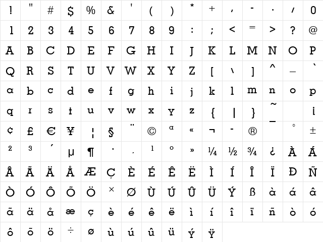 Missouri-Light Regular  glyph index