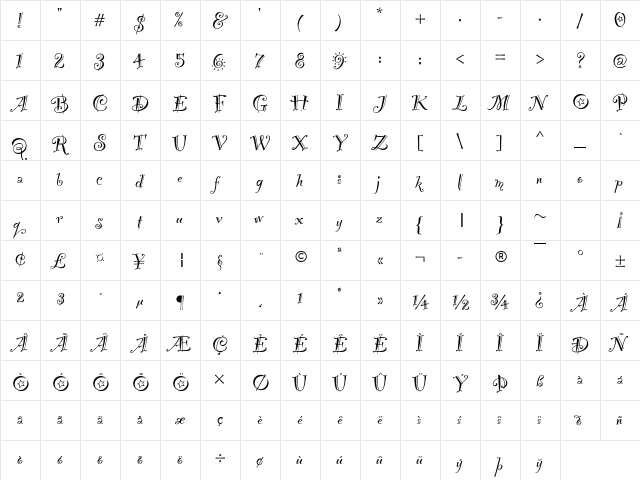 Party Regular  glyph index