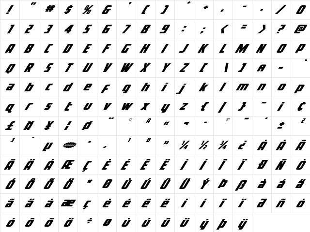 Voyage Fantastique Expanded Expanded  glyph index