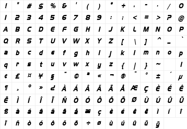 Hanzel Condensed Bold Italic  glyph index