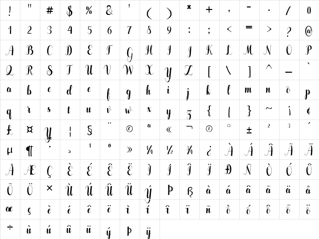 Pugsley Regular  glyph index
