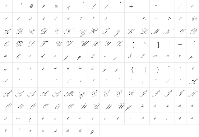 OPTIExcelsiorScript Regular  glyph index