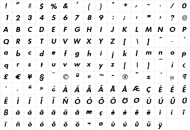 PeterBecker Bold Italic  glyph index