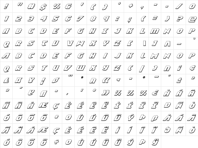 Ninja Garden 3D Italic Italic  glyph index