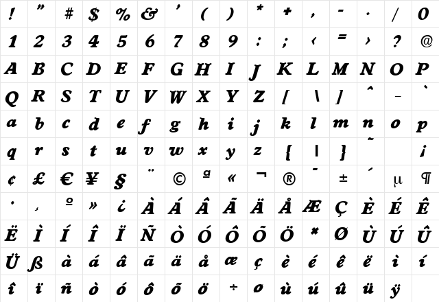 WorcesterSerial-Heavy Italic  glyph index