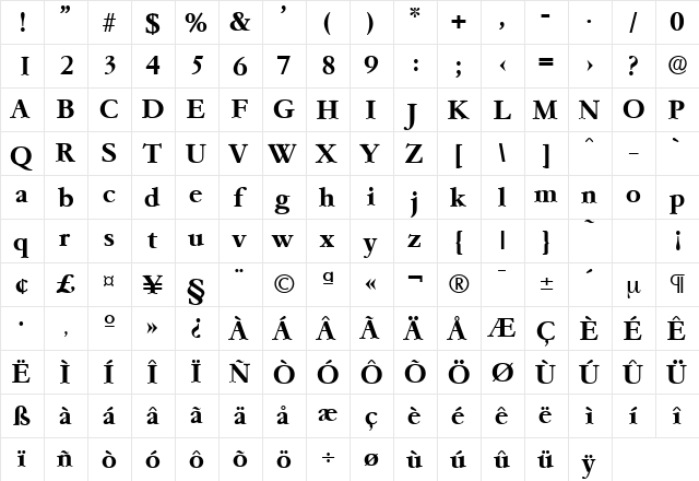 Garamond-Serial Bold  glyph index