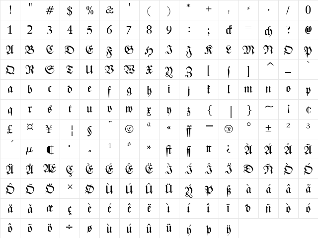 Zentenar Fraktur Regular  glyph index