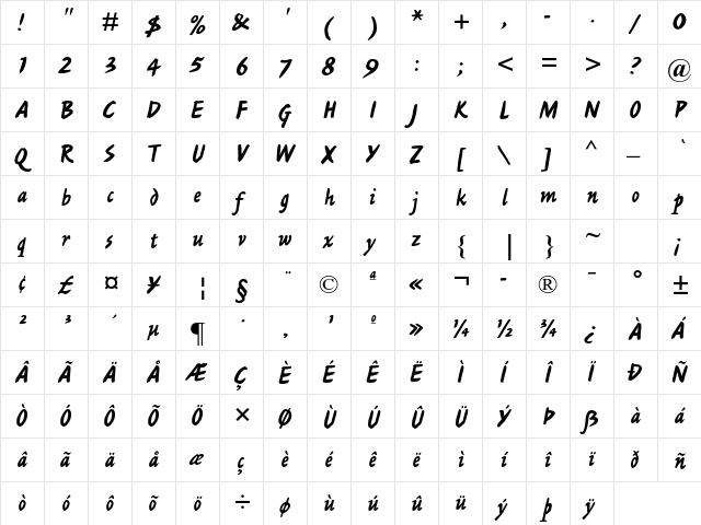 Ashley Script MT Std Regular  glyph index