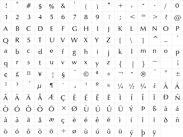 ZapfHumnst BT Roman  glyph index