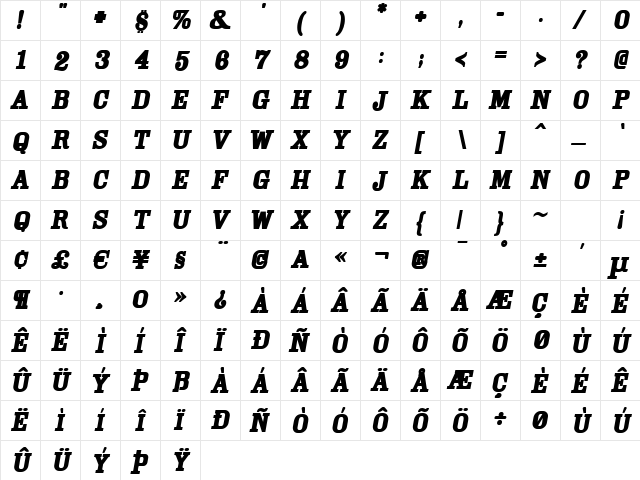 Cam BoldOblique  glyph index