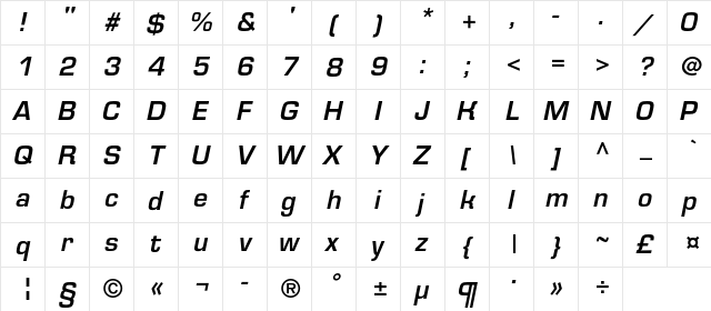 EurofontMediumC Italic  glyph index