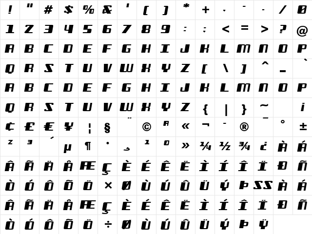 Freezer BTN Wide Oblique  glyph index
