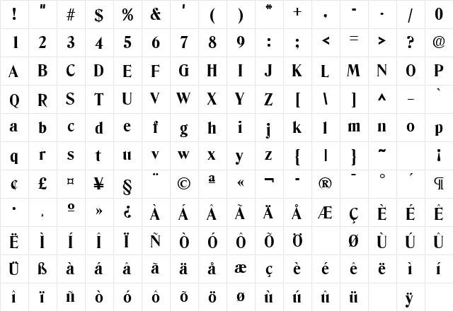 Denver Bold  glyph index