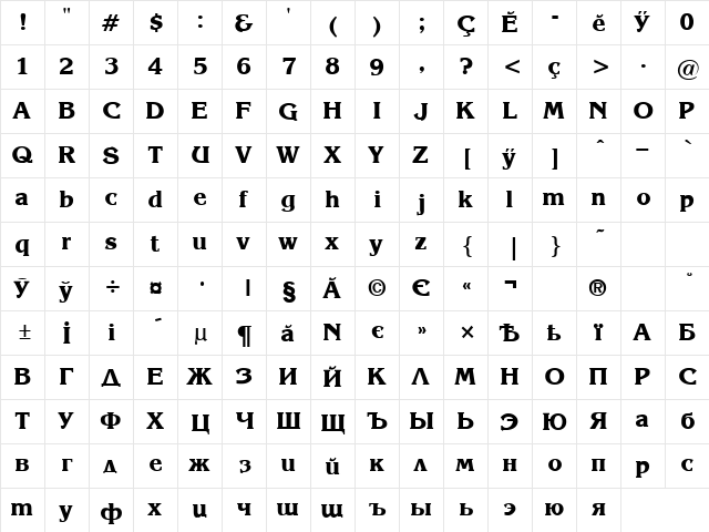 Korinna Bold Chu CNP Regular  glyph index