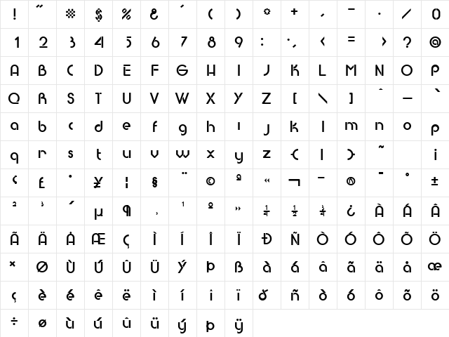 Baby Face Regular  glyph index