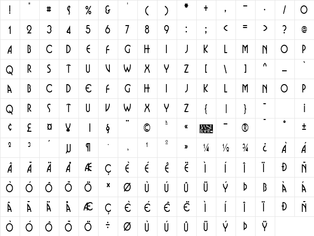 BusinkoSqueezed Regular  glyph index