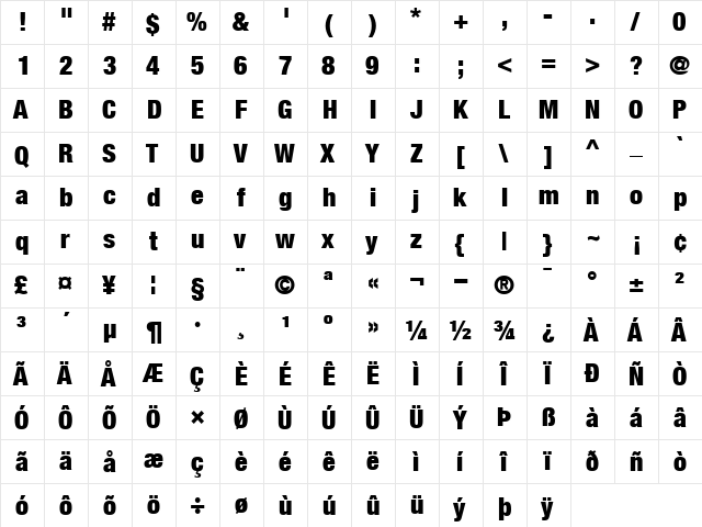 HelveticaNeue BlackCond  glyph index