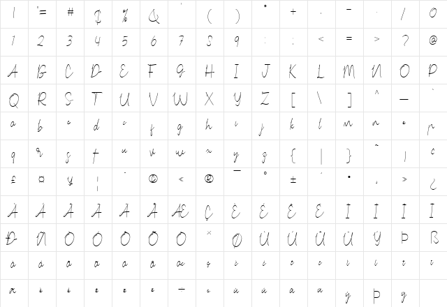 Carmelia Regular  glyph index