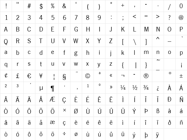 Newcastle Regular  glyph index