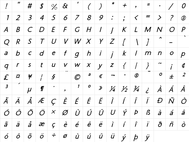 OskiEast Italic  glyph index